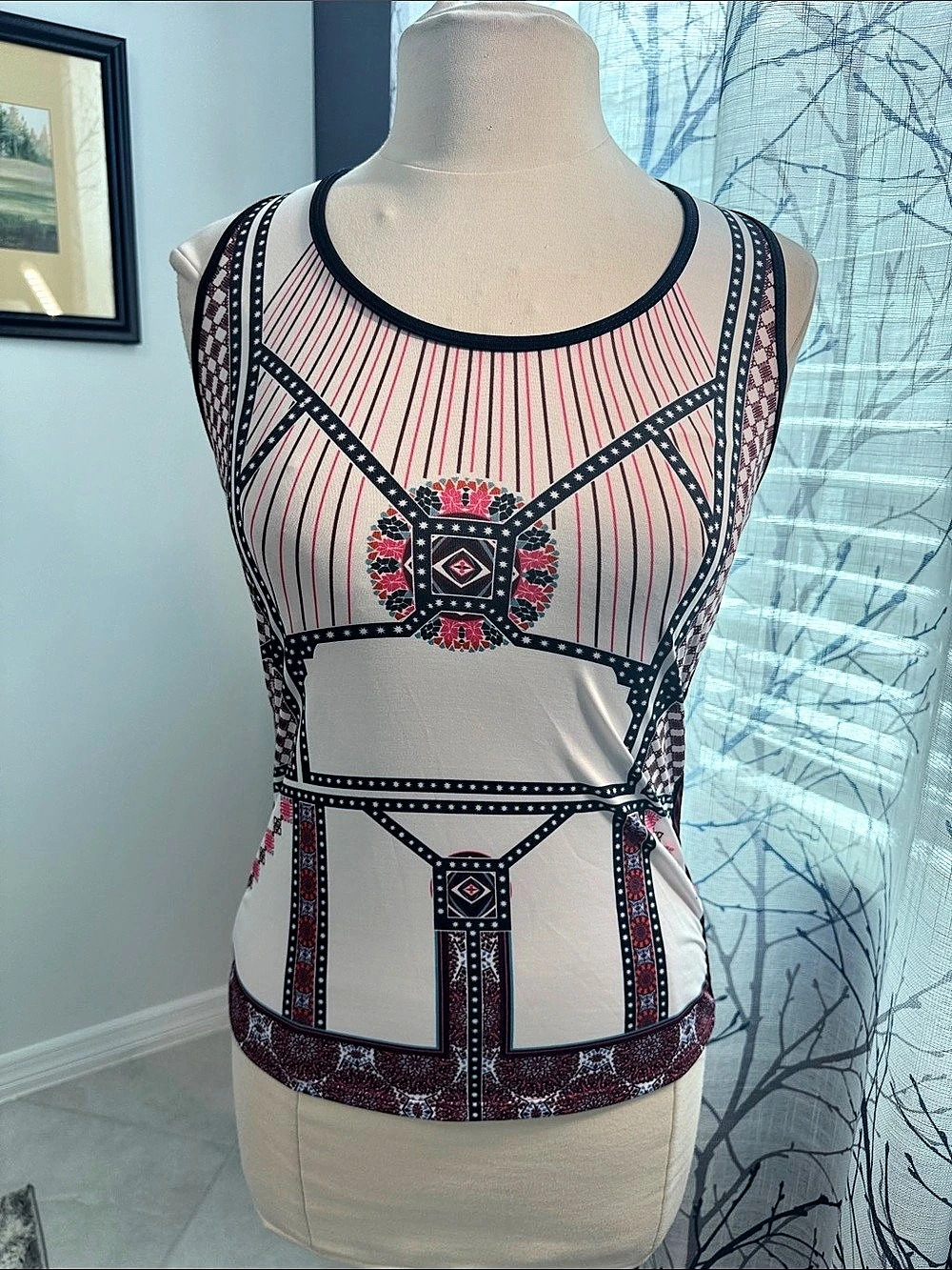 Lucky In Love Geometric Athletic Tank in Burgundy & Cream Size Medium Like